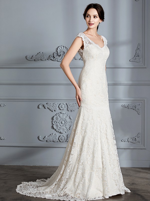 Trumpet/Mermaid Sleeveless V-Neck Lace Sweep/Brush Train Wedding Dresses 1662