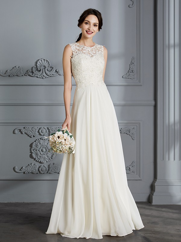 A-Line/Princess Scoop Chiffon Sleeveless Floor-Length Wedding Dresses 867