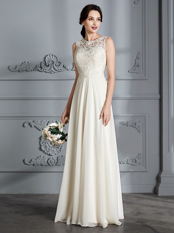 A-Line/Princess Scoop Chiffon Sleeveless Floor-Length Wedding Dresses 867