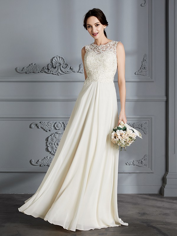 A-Line/Princess Scoop Chiffon Sleeveless Floor-Length Wedding Dresses 867