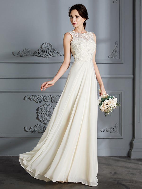 A-Line/Princess Scoop Chiffon Sleeveless Floor-Length Wedding Dresses 867