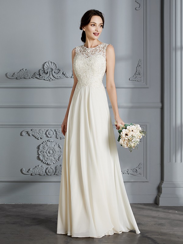 A-Line/Princess Scoop Chiffon Sleeveless Floor-Length Wedding Dresses 867