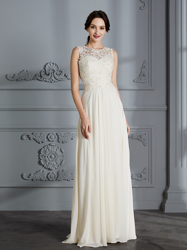 A-Line/Princess Scoop Chiffon Sleeveless Floor-Length Wedding Dresses 867