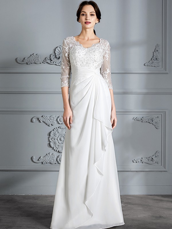 Sheath/Column V-neck 3/4 Sleeves Chiffon Floor-Length Wedding Dresses 1535