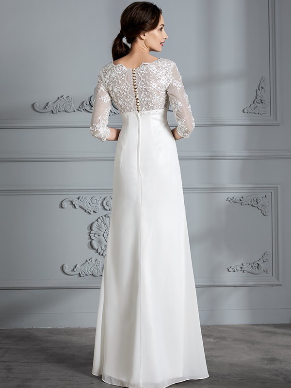 Sheath/Column V-neck 3/4 Sleeves Chiffon Floor-Length Wedding Dresses 1535