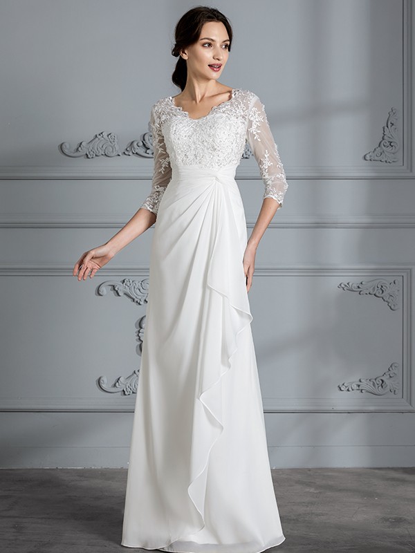 Sheath/Column V-neck 3/4 Sleeves Chiffon Floor-Length Wedding Dresses 1535