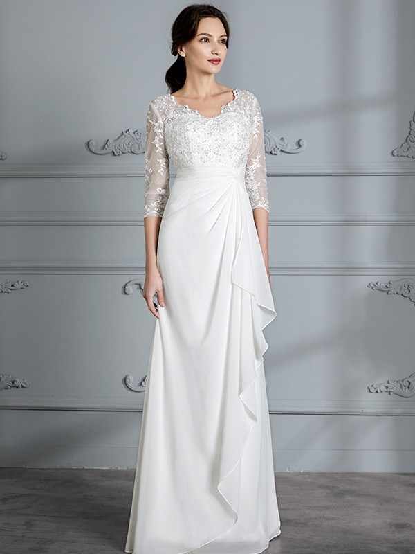 Sheath/Column V-neck 3/4 Sleeves Chiffon Floor-Length Wedding Dresses 1535