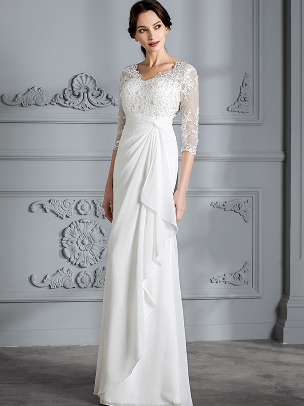 Sheath/Column V-neck 3/4 Sleeves Chiffon Floor-Length Wedding Dresses 1535