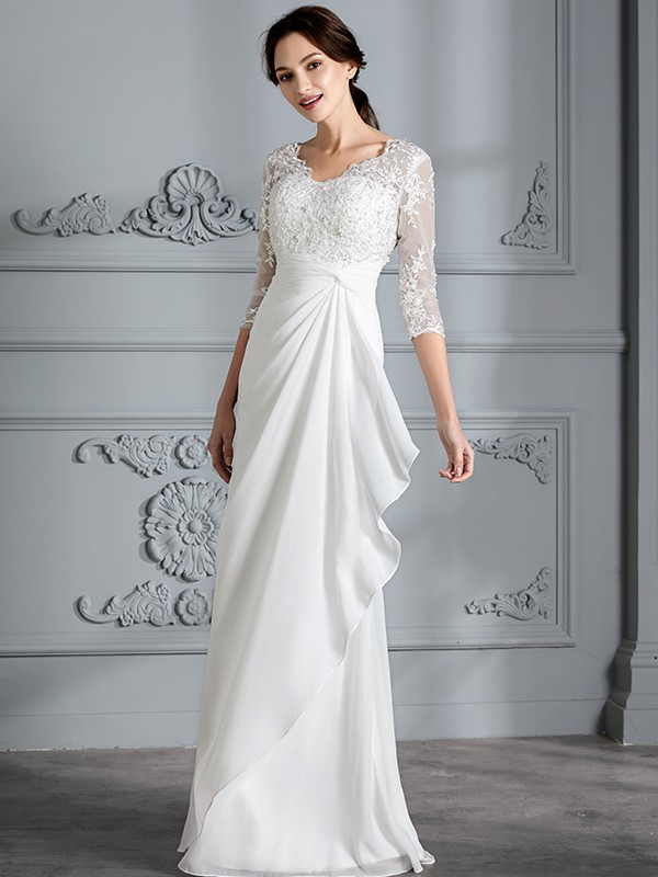 Sheath/Column V-neck 3/4 Sleeves Chiffon Floor-Length Wedding Dresses 1535