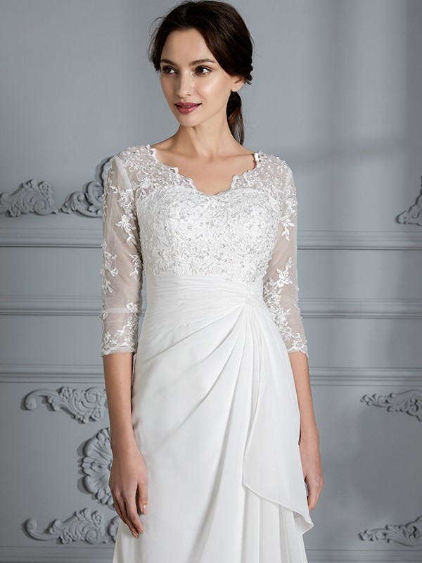 Sheath/Column V-neck 3/4 Sleeves Chiffon Floor-Length Wedding Dresses 1535