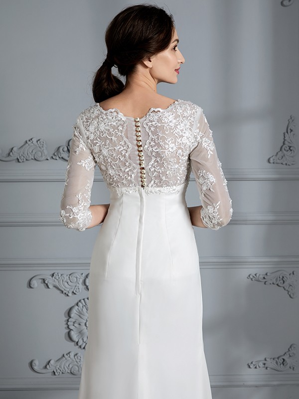 Sheath/Column V-neck 3/4 Sleeves Chiffon Floor-Length Wedding Dresses 1535