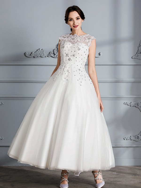 Ball Gown Scoop Sleeveless Tea-Length Tulle Wedding Dresses 1241