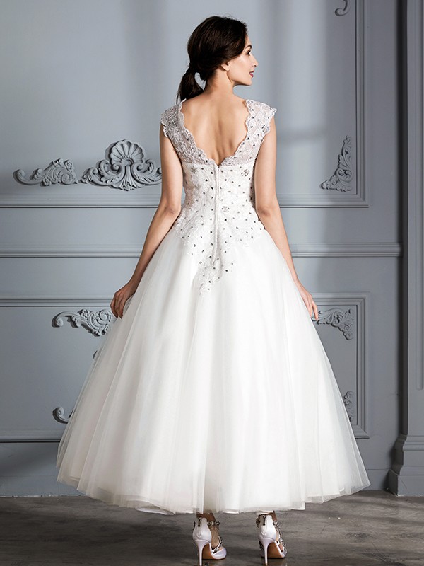 Ball Gown Scoop Sleeveless Tea-Length Tulle Wedding Dresses 1241