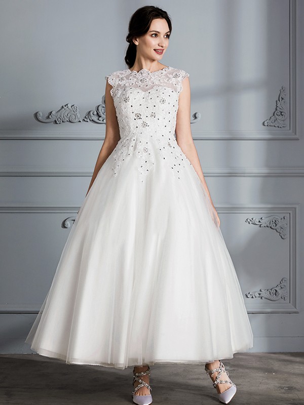 Ball Gown Scoop Sleeveless Tea-Length Tulle Wedding Dresses 1241