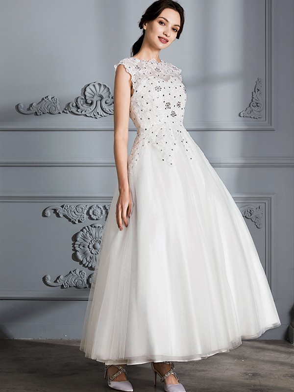 Ball Gown Scoop Sleeveless Tea-Length Tulle Wedding Dresses 1241