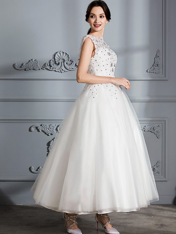 Ball Gown Scoop Sleeveless Tea-Length Tulle Wedding Dresses 1241