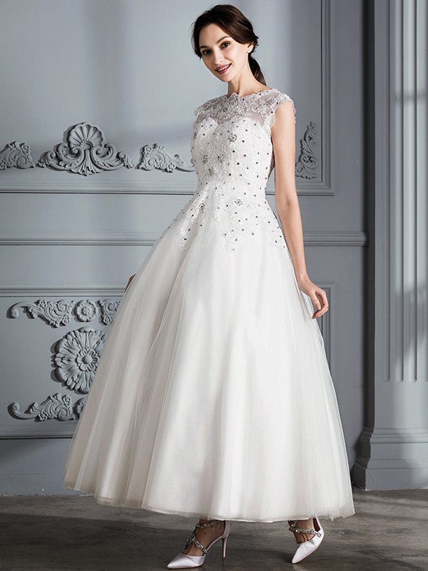 Ball Gown Scoop Sleeveless Tea-Length Tulle Wedding Dresses 1241