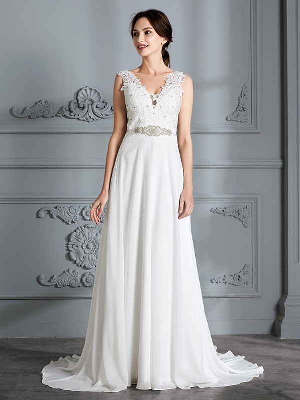 A-Line/Princess Sleeveless V-neck Sweep/Brush Train Chiffon Wedding Dresses 914