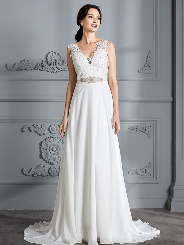 A-Line/Princess Sleeveless V-neck Sweep/Brush Train Chiffon Wedding Dresses 914