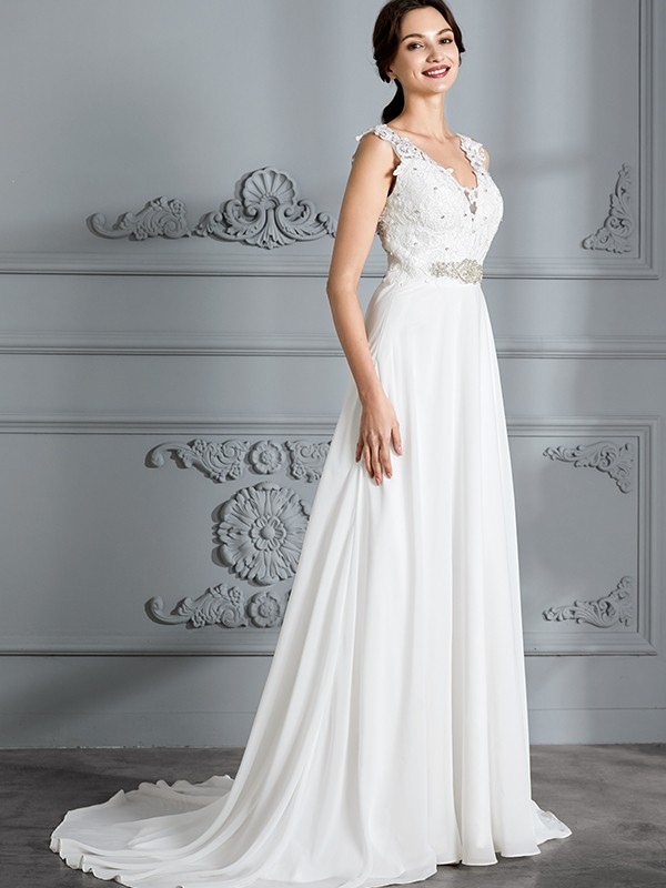 A-Line/Princess Sleeveless V-neck Sweep/Brush Train Chiffon Wedding Dresses 914