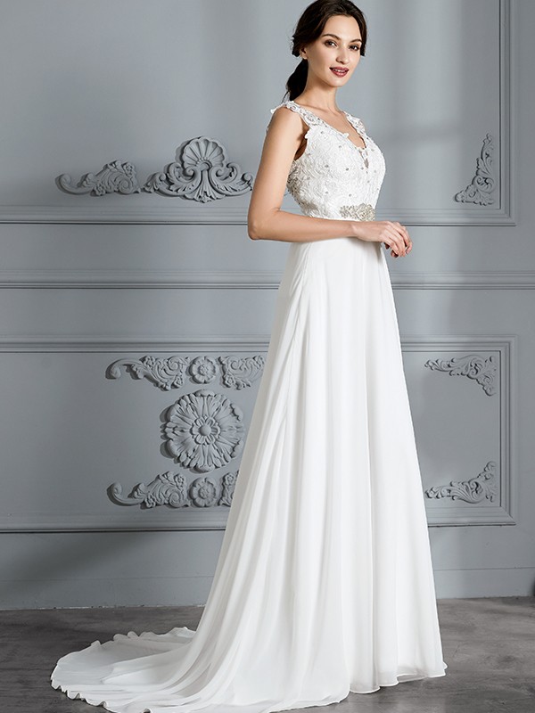 A-Line/Princess Sleeveless V-neck Sweep/Brush Train Chiffon Wedding Dresses 914