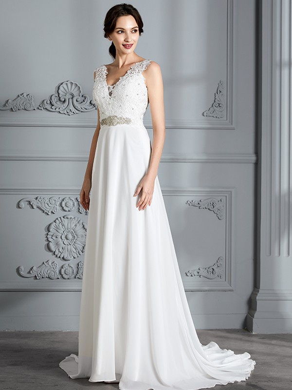 A-Line/Princess Sleeveless V-neck Sweep/Brush Train Chiffon Wedding Dresses 914