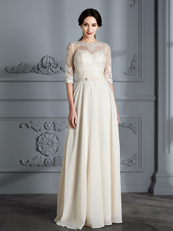 A-Line/Princess Scoop 1/2 Sleeves Floor-Length Chiffon Wedding Dresses 866