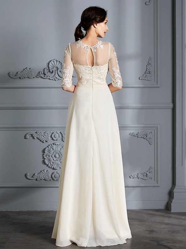 A-Line/Princess Scoop 1/2 Sleeves Floor-Length Chiffon Wedding Dresses 866