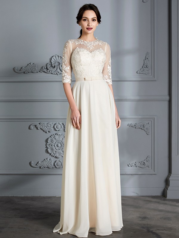 A-Line/Princess Scoop 1/2 Sleeves Floor-Length Chiffon Wedding Dresses 866