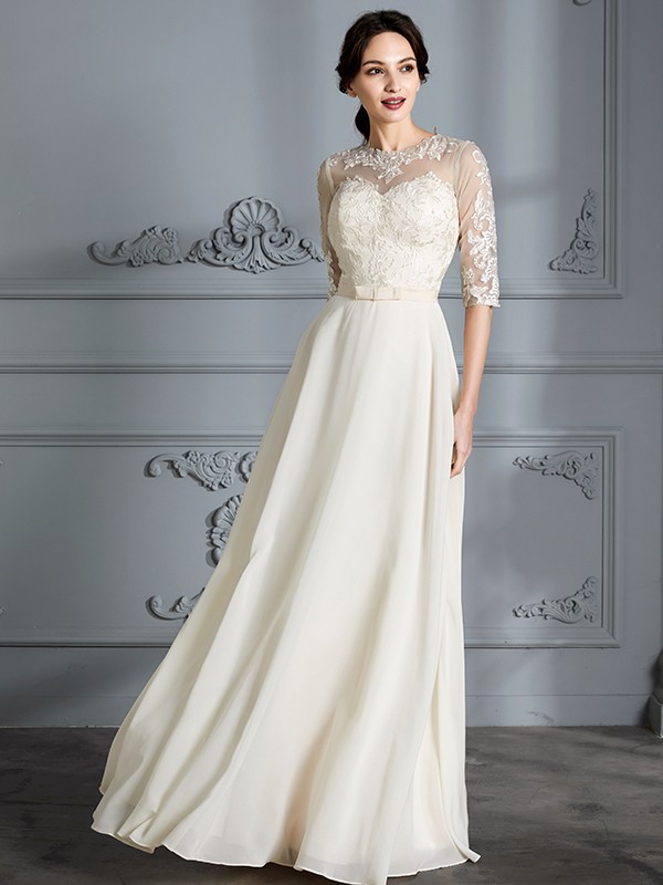 A-Line/Princess Scoop 1/2 Sleeves Floor-Length Chiffon Wedding Dresses 866