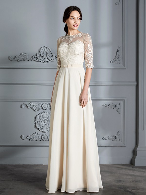 A-Line/Princess Scoop 1/2 Sleeves Floor-Length Chiffon Wedding Dresses 866