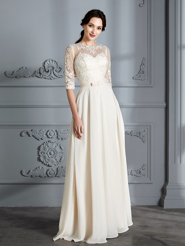 A-Line/Princess Scoop 1/2 Sleeves Floor-Length Chiffon Wedding Dresses 866