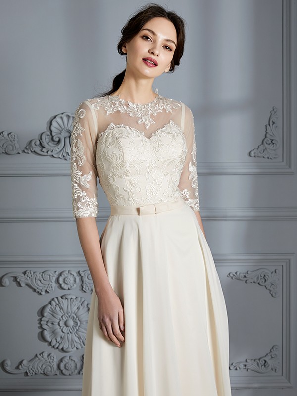 A-Line/Princess Scoop 1/2 Sleeves Floor-Length Chiffon Wedding Dresses 866