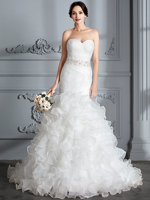 Trumpet/Mermaid Sweetheart Sleeveless Ruffle Sweep/Brush Train Satin Wedding Dresses 1696