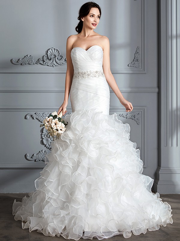 Trumpet/Mermaid Sweetheart Sleeveless Ruffle Sweep/Brush Train Satin Wedding Dresses 1696