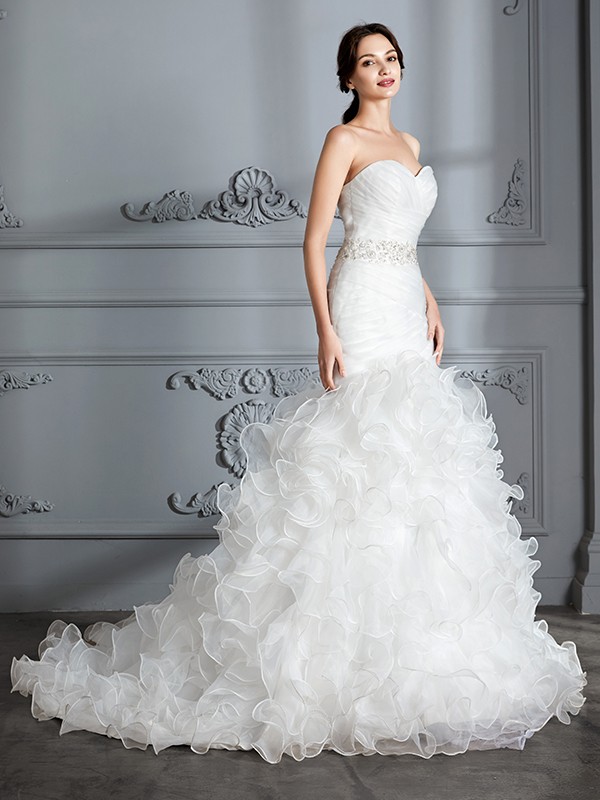 Trumpet/Mermaid Sweetheart Sleeveless Ruffle Sweep/Brush Train Satin Wedding Dresses 1696