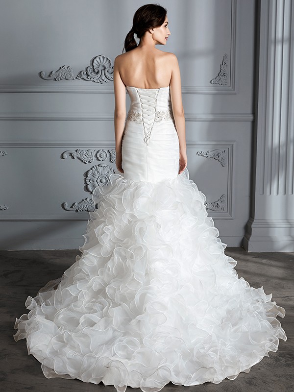 Trumpet/Mermaid Sweetheart Sleeveless Ruffle Sweep/Brush Train Satin Wedding Dresses 1696