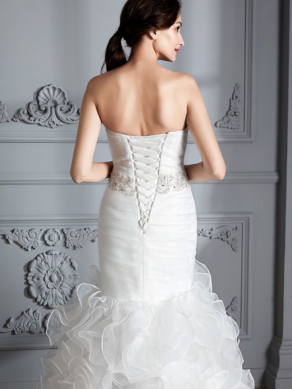 Trumpet/Mermaid Sweetheart Sleeveless Ruffle Sweep/Brush Train Satin Wedding Dresses 1696