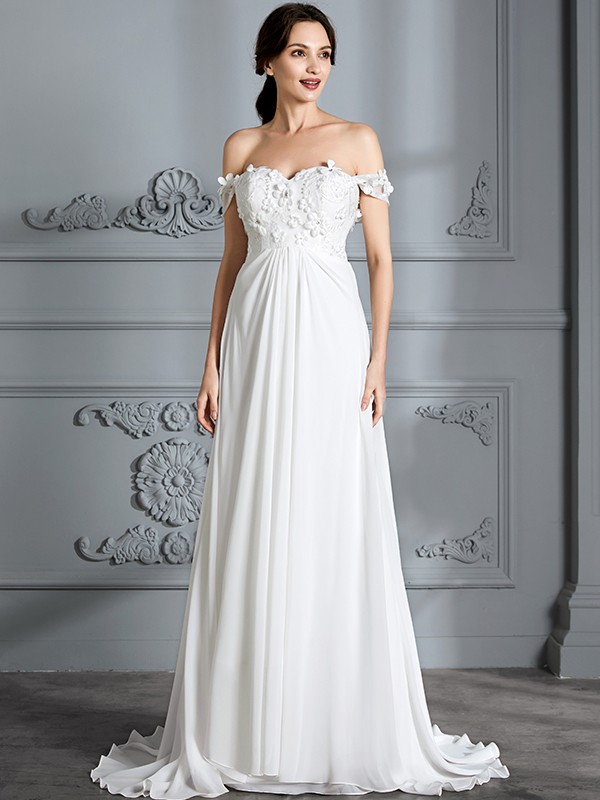 A-Line/Princess Off-the-Shoulder Sleeveless Chiffon Sweep/Brush Train Wedding Dresses 762