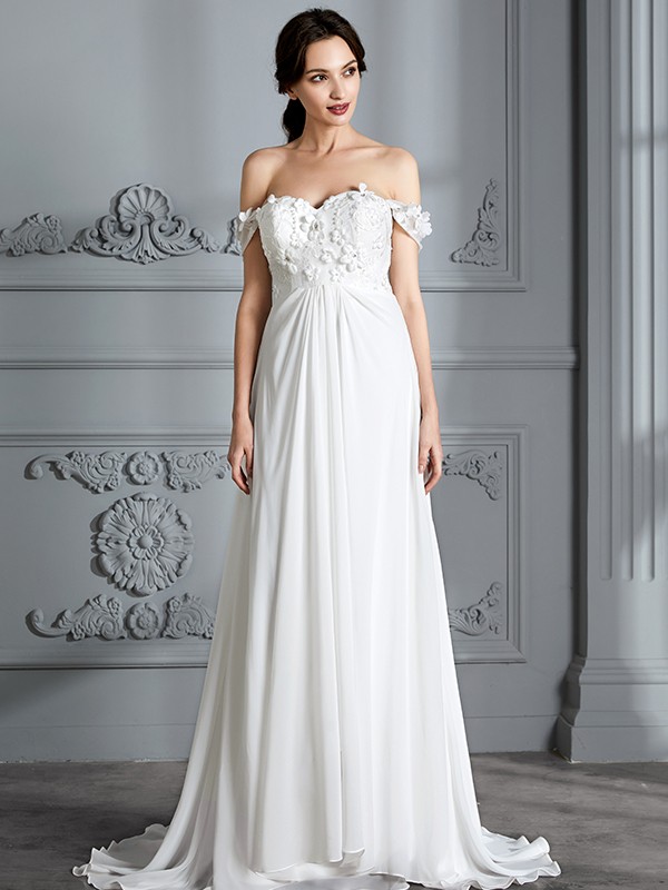 A-Line/Princess Off-the-Shoulder Sleeveless Chiffon Sweep/Brush Train Wedding Dresses 762