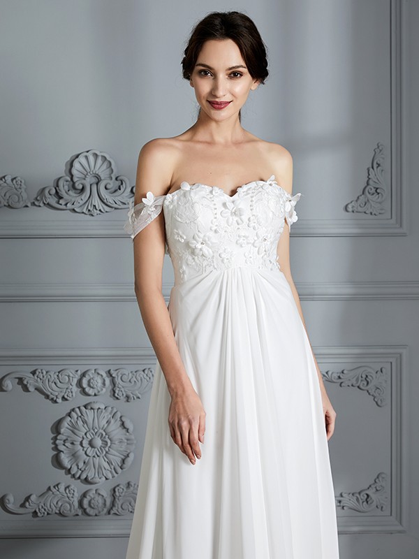 A-Line/Princess Off-the-Shoulder Sleeveless Chiffon Sweep/Brush Train Wedding Dresses 762