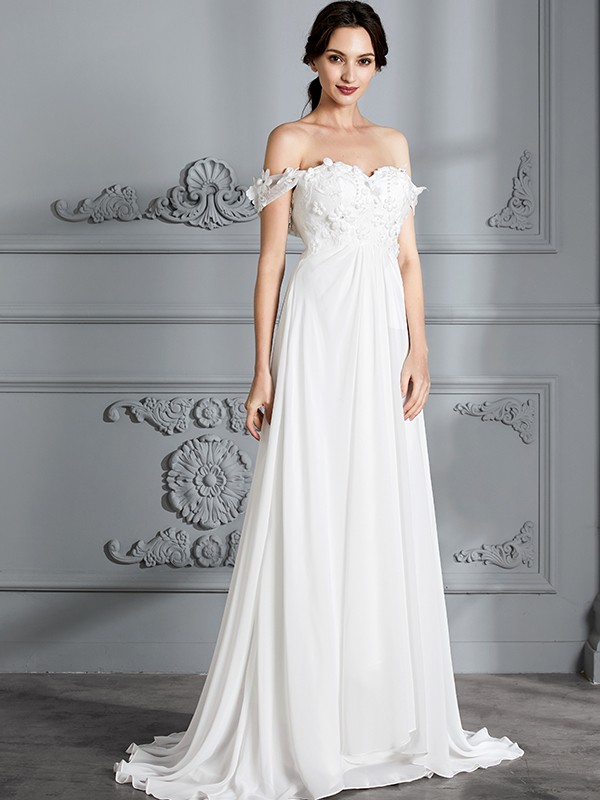 A-Line/Princess Off-the-Shoulder Sleeveless Chiffon Sweep/Brush Train Wedding Dresses 762