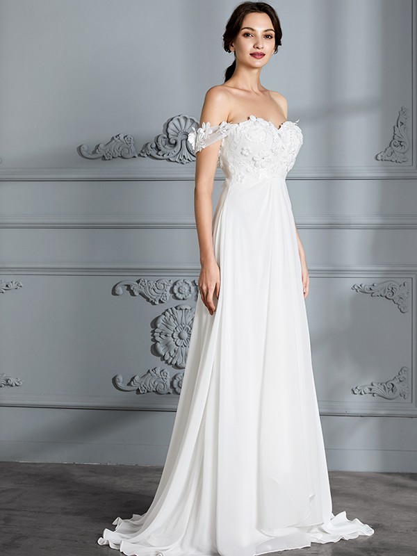 A-Line/Princess Off-the-Shoulder Sleeveless Chiffon Sweep/Brush Train Wedding Dresses 762