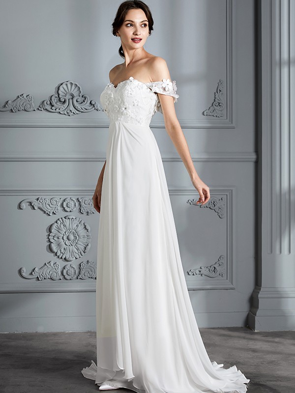 A-Line/Princess Off-the-Shoulder Sleeveless Chiffon Sweep/Brush Train Wedding Dresses 762