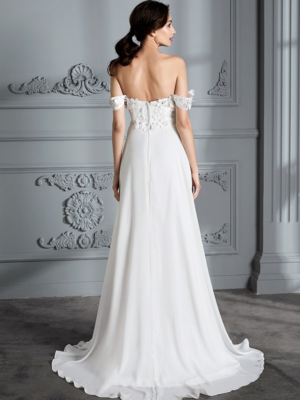 A-Line/Princess Off-the-Shoulder Sleeveless Chiffon Sweep/Brush Train Wedding Dresses 762