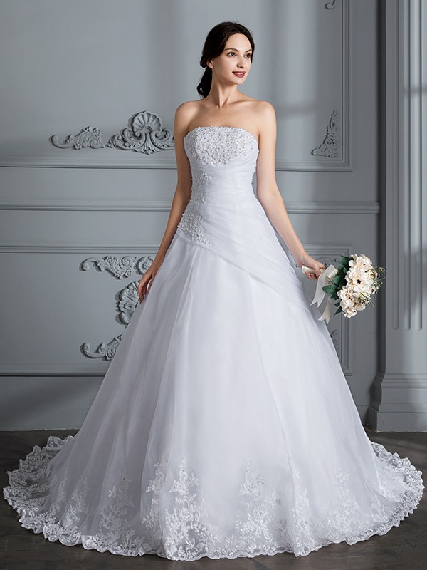 Ball Gown Strapless Sleeveless Court Train Organza Wedding Dresses 1270