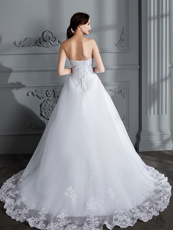 Ball Gown Strapless Sleeveless Court Train Organza Wedding Dresses 1270