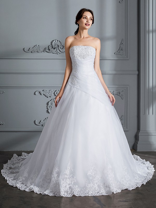 Ball Gown Strapless Sleeveless Court Train Organza Wedding Dresses 1270