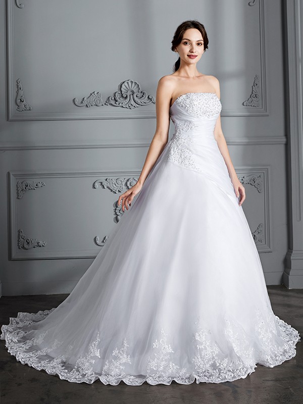 Ball Gown Strapless Sleeveless Court Train Organza Wedding Dresses 1270