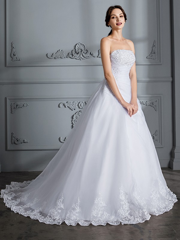 Ball Gown Strapless Sleeveless Court Train Organza Wedding Dresses 1270